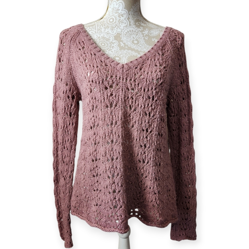American Eagle Open Knit Mauve Pink Wool Blend Cottagecore Boho Size L